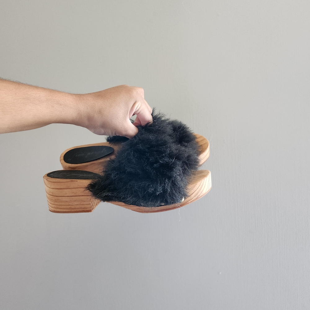 Free People | Black Chunky Fuzzy Wooden Studded Slip On Clogs Women's Mules